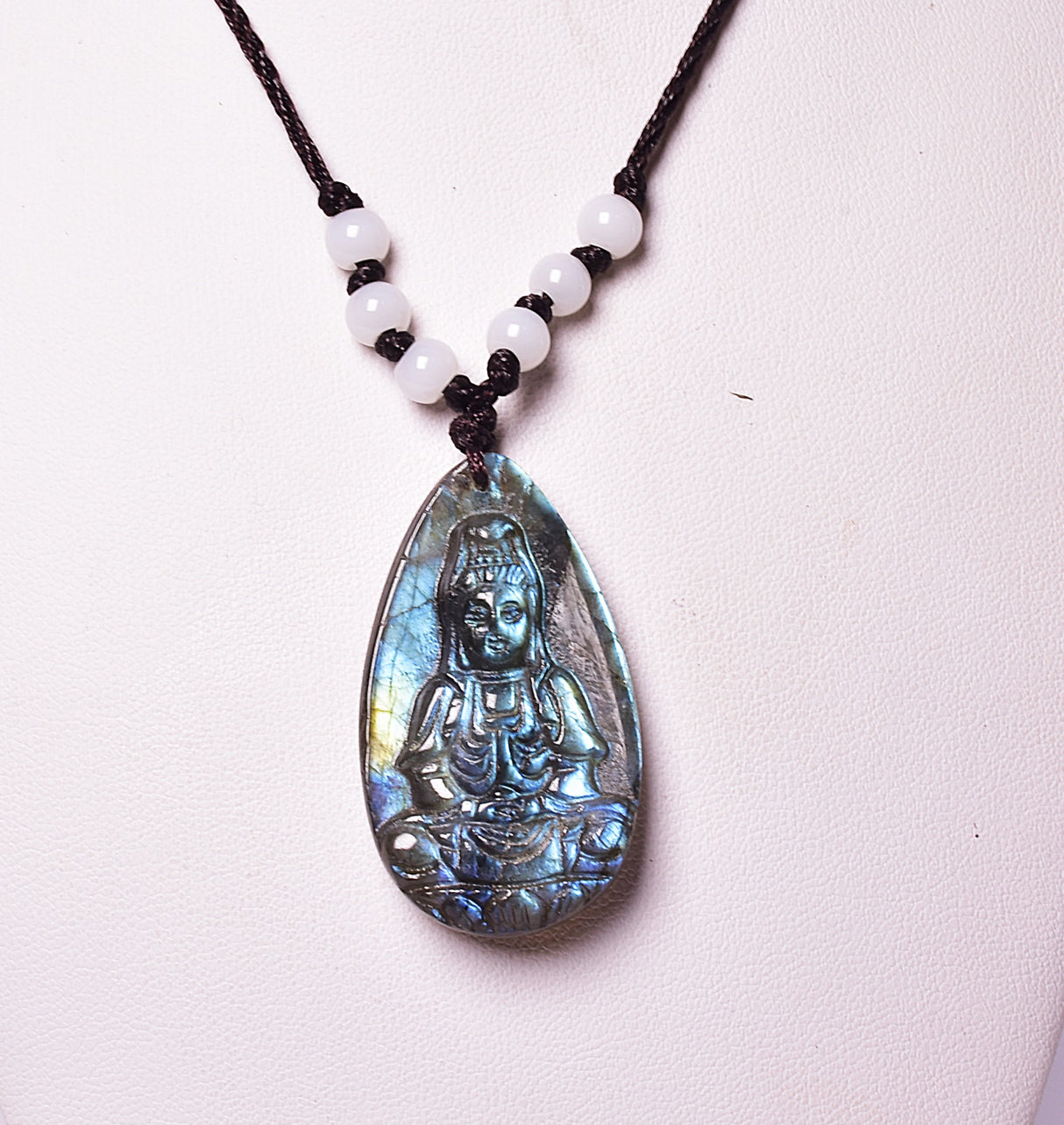LABRADORITE PENDANT with CARVED BUDDHA on MACRAME J161