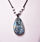 LABRADORITE PENDANT with CARVED BUDDHA on MACRAME J161