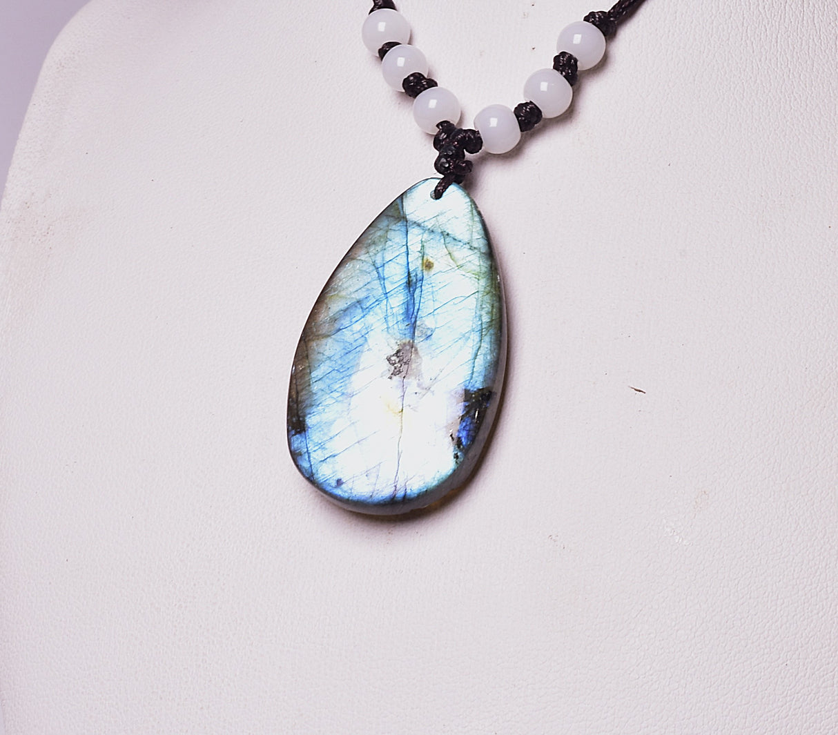 LABRADORITE PENDANT with CARVED BUDDHA on MACRAME J161