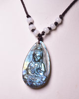 LABRADORITE PENDANT with CARVED BUDDHA on MACRAME J161