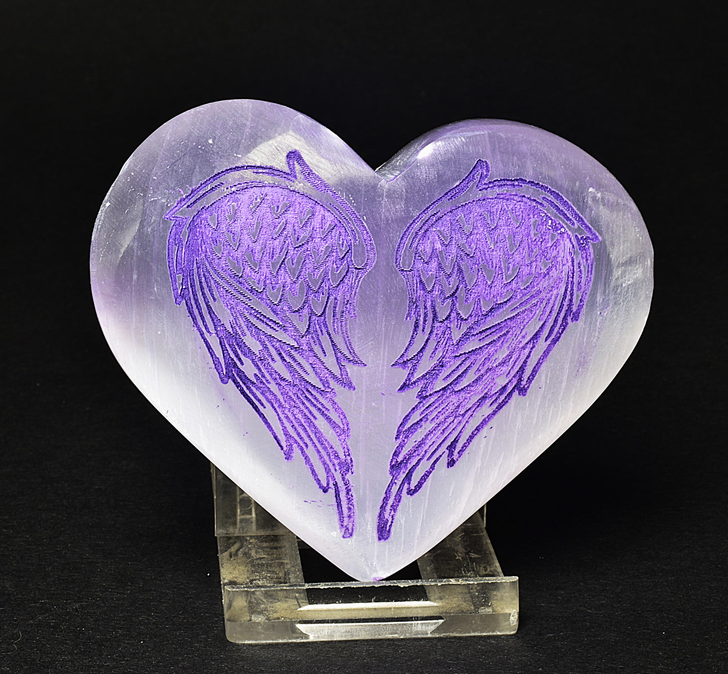 SELENITE PUFFY HEART with CARVED ANGEL WINGS P515