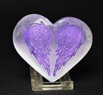 SELENITE PUFFY HEART with CARVED ANGEL WINGS P515