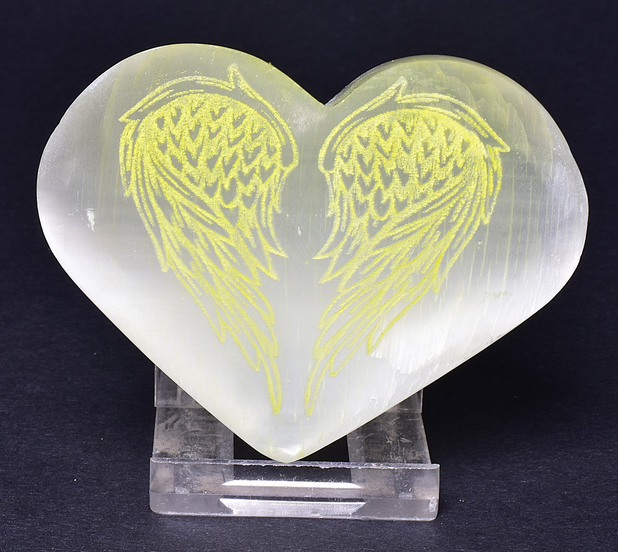 SELENITE PUFFY HEART with CARVED ANGEL WINGS P516
