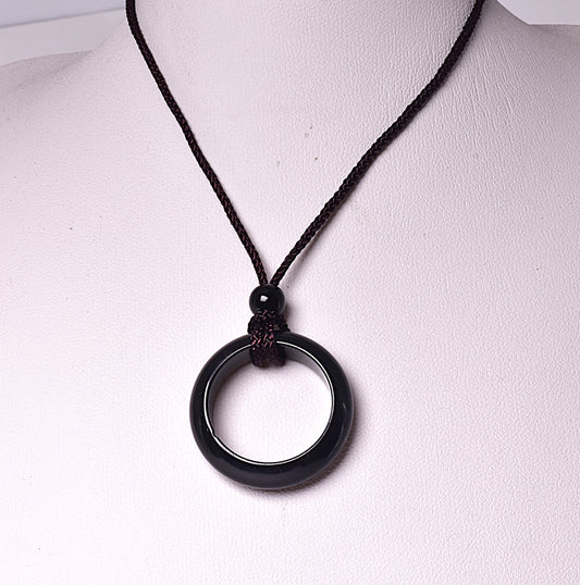 BLACK OBSIDIAN RING PENDANT ON CORD J238