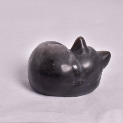 SILVER SHEEN OBSIDIAN SLEEPING CAT CARVING P317