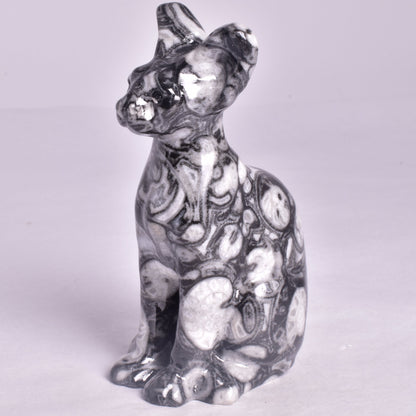 FOSSIL MARBLE SPHYNX CAT CARVING P656