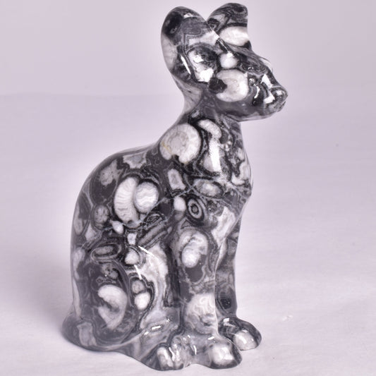 FOSSIL MARBLE SPHYNX CAT CARVING P656