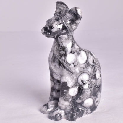FOSSIL MARBLE SPHYNX CAT CARVING P658