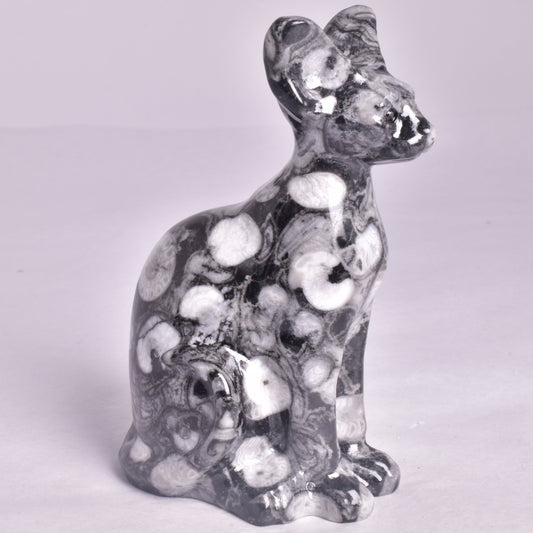 FOSSIL MARBLE SPHYNX CAT CARVING P658