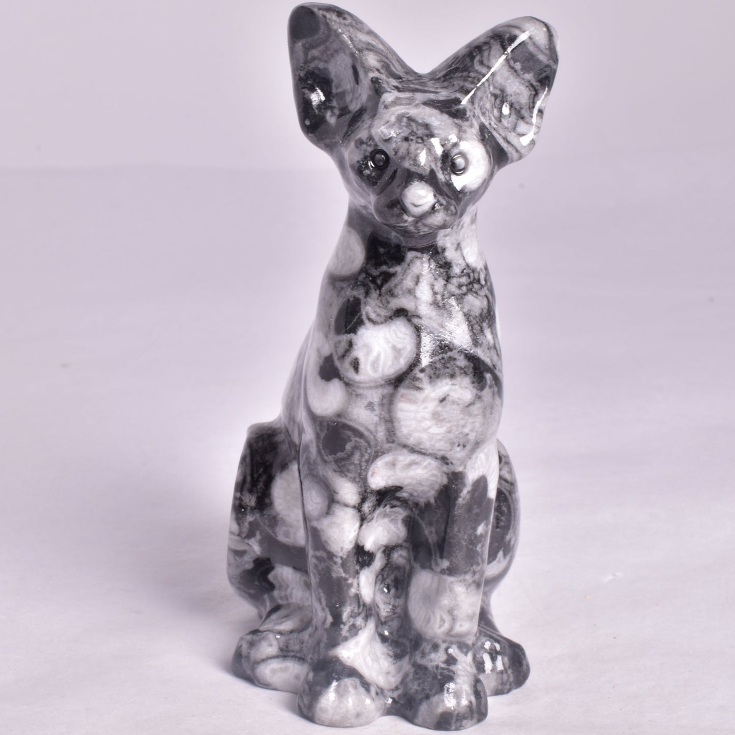 FOSSIL MARBLE SPHYNX CAT CARVING P658