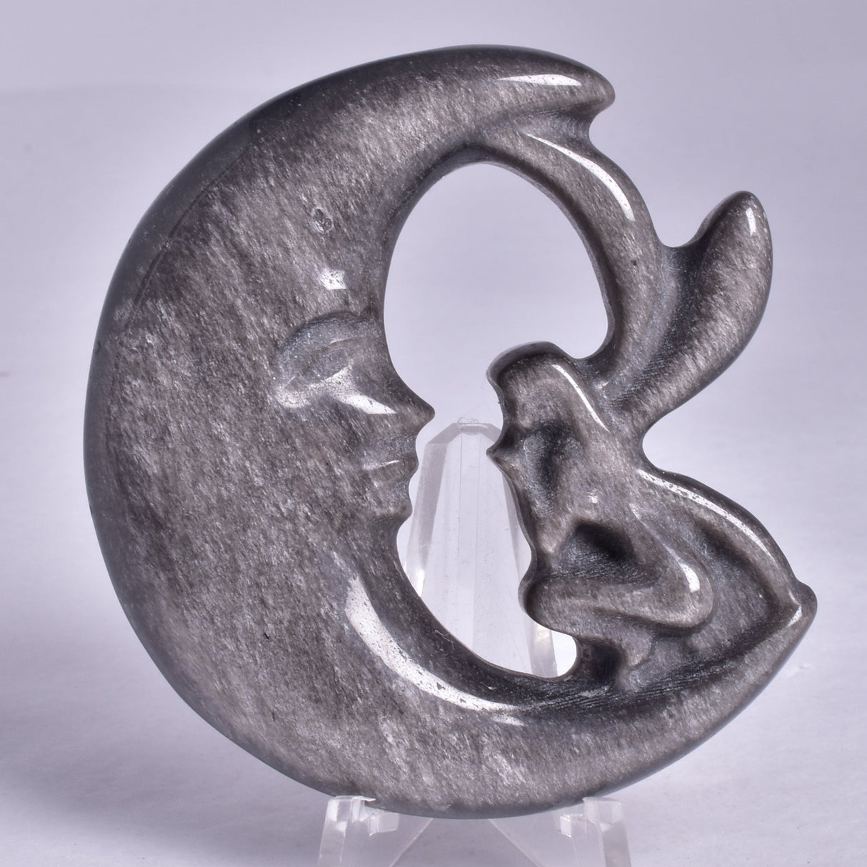 SILVER SHEEN OBSIDIAN FAIRY MOON CARVING P253