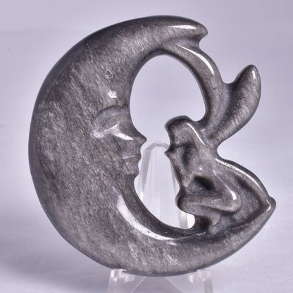 SILVER SHEEN OBSIDIAN FAIRY MOON CARVING P480