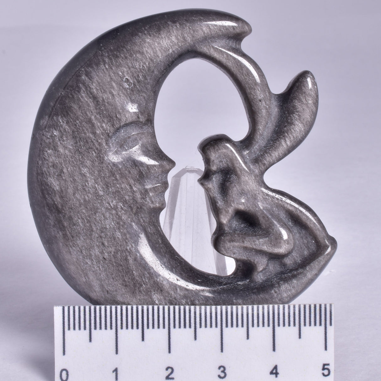SILVER SHEEN OBSIDIAN FAIRY MOON CARVING P253