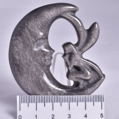 SILVER SHEEN OBSIDIAN FAIRY MOON CARVING P480