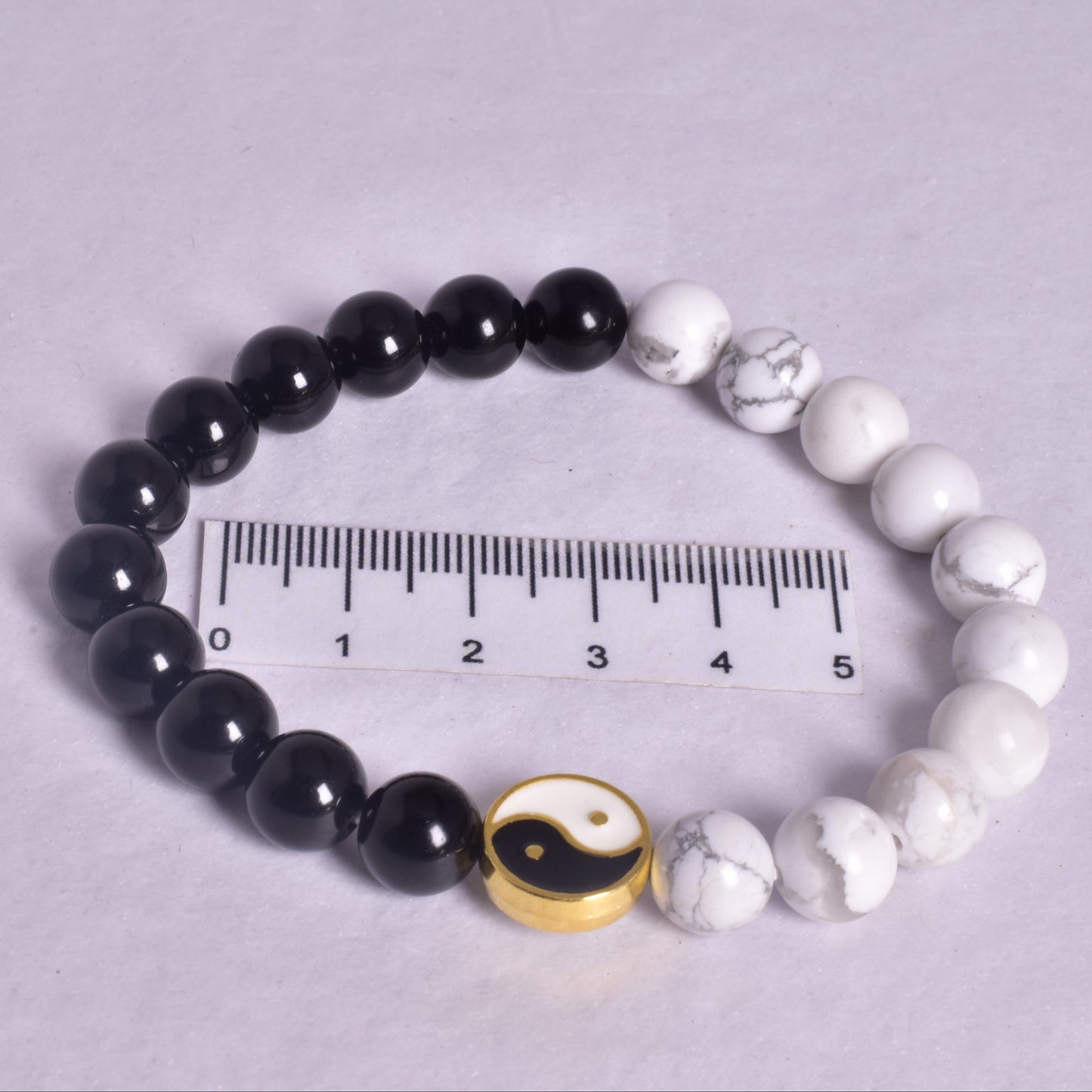 BLACK OBSIDIAN and HOWLITE YIN YANG BEADED BRACELET J173