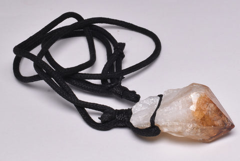 CITRINE NATURAL POINT PENDANT ON LEATHER LOOK NECKLACE J23