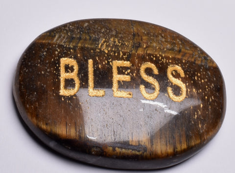 INSPIRATIONAL TIGER EYE BLESS ENGRAVED CRYSTAL PALM STONE P69