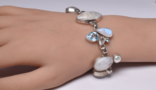 MOONSTONE WITH AQUAMARINE & PEARL BRACELET J177