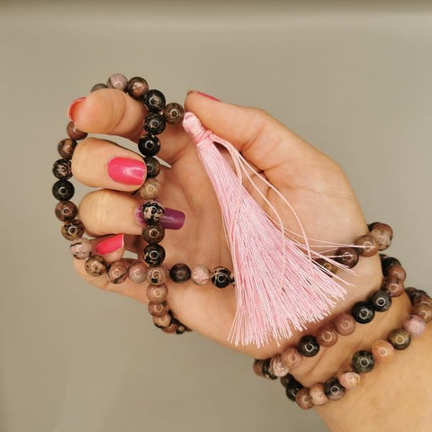 RHODONITE CRYSTAL MALA BEADS J284