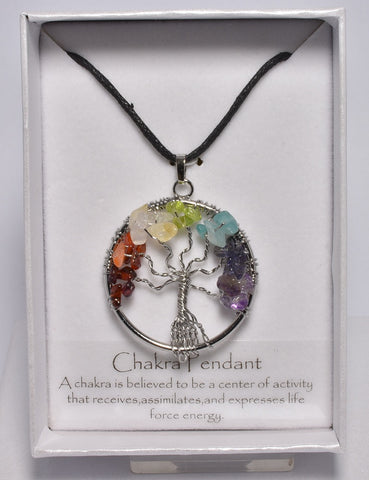 CHAKRA TREE OF LIFE CRYSTAL PENDANT on LEATHER LOOK NECKLACE C2