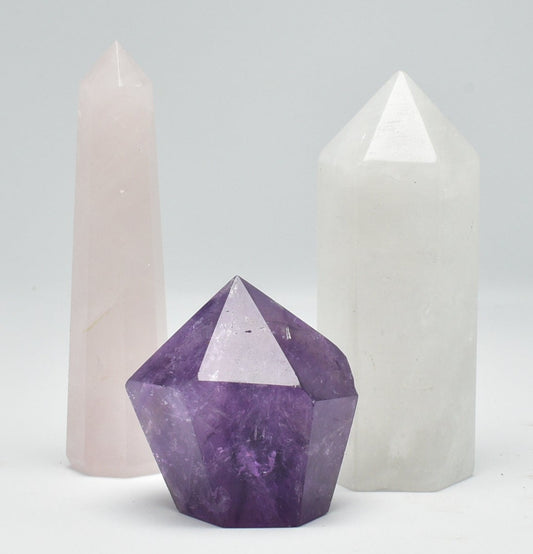 AMETHYST, ROSE QUARTZ AND CLEAR QUARTZ POINT PACK P484