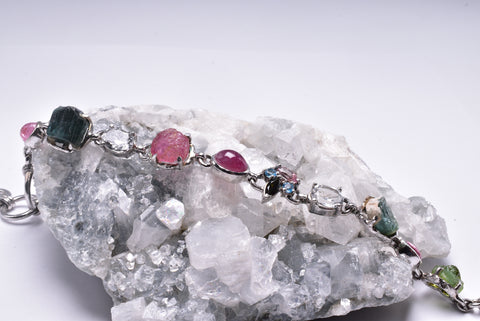 PINK & GREEN TOURMALINE BRACELET WITH CLEAR QUARTZ J180